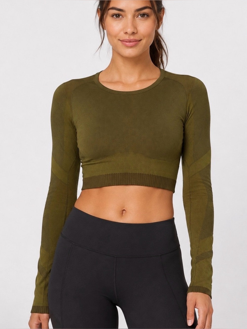 Calia Powermove Seamless Crop Top Long Sleeve Size Large Dark Khaki Olive